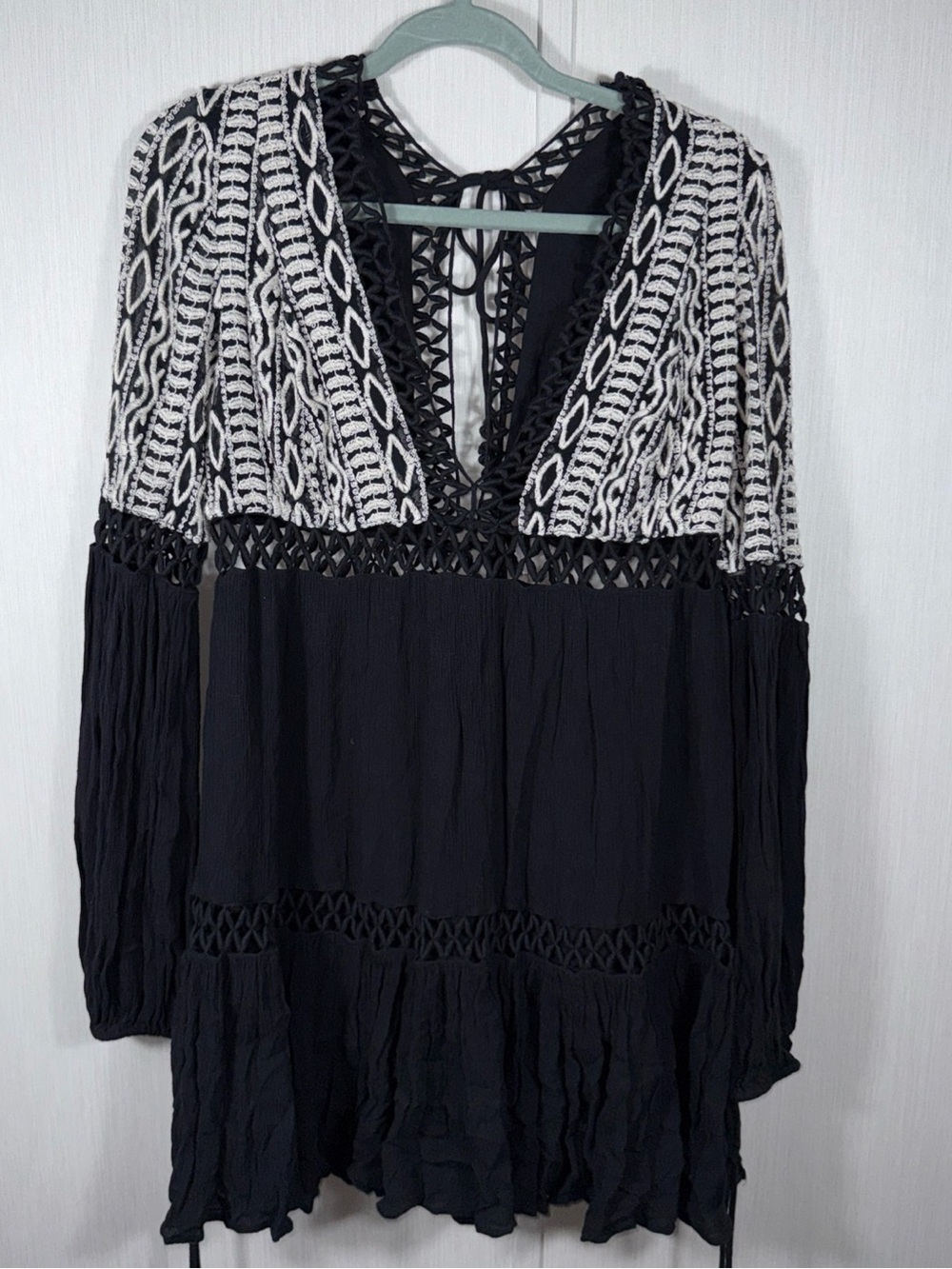 Free People Dusk Til Dawn Black White Embroidered Mini Dress Boho Western 12